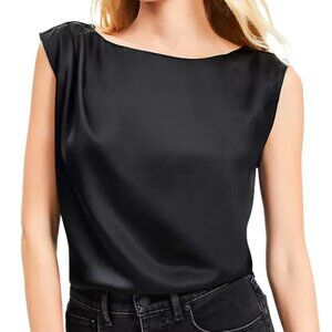 LOFT Satin Pleated Shoulder Boatneck Top in Black Size S NWT